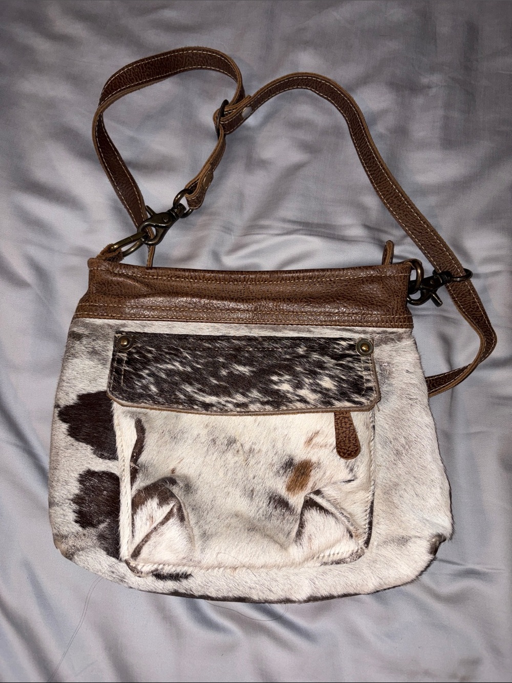 Myra Bag Brown and White Cowhide Crossbody with Leather Trim